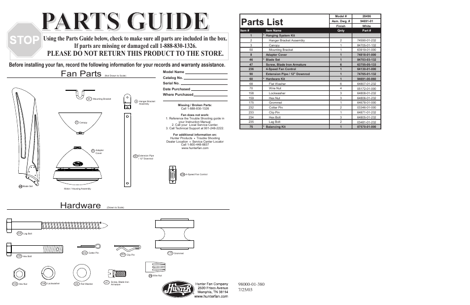 Hunter Fan 28496 User Manual | 2 pages