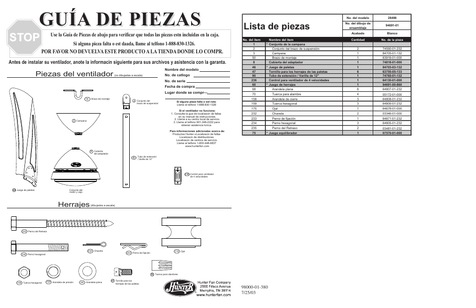 Guía de piezas, Lista de piezas, Herrajes | Piezas del ventilador | Hunter Fan 28496 User Manual | Page 2 / 2