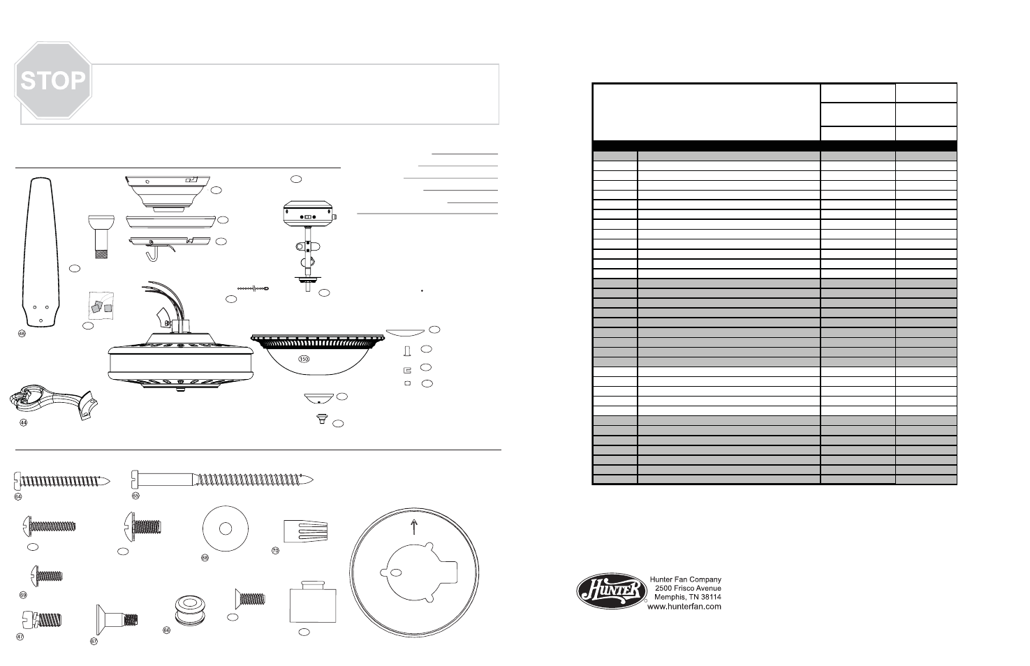 665 creighton spx.pdf, Parts guide, Guía de piezas | Lista de piezas, Herrajes, Piezas del ventilador | Hunter Fan 23881 User Manual | Page 2 / 2