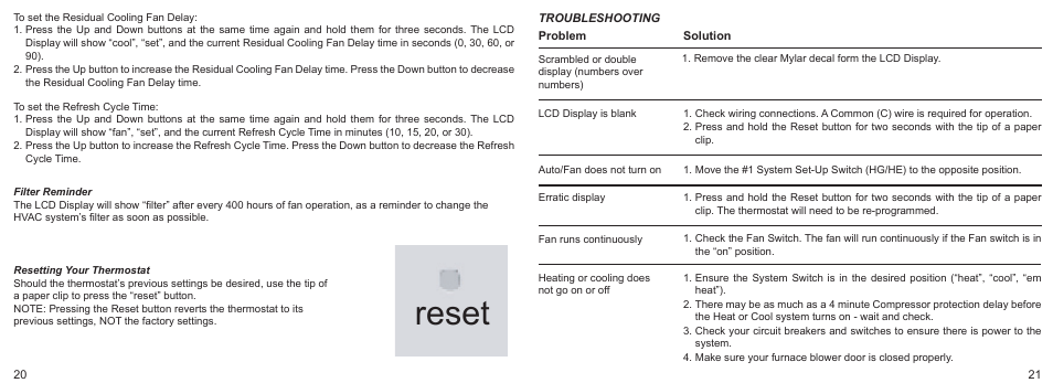 Reset | Hunter Fan 43057 User Manual | Page 11 / 13