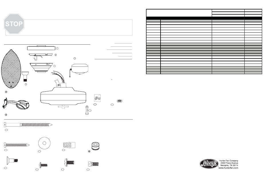 Guía de piezas, Lista de piezas, Herrajes | Piezas del ventilador | Hunter Fan 26489 User Manual | Page 2 / 2