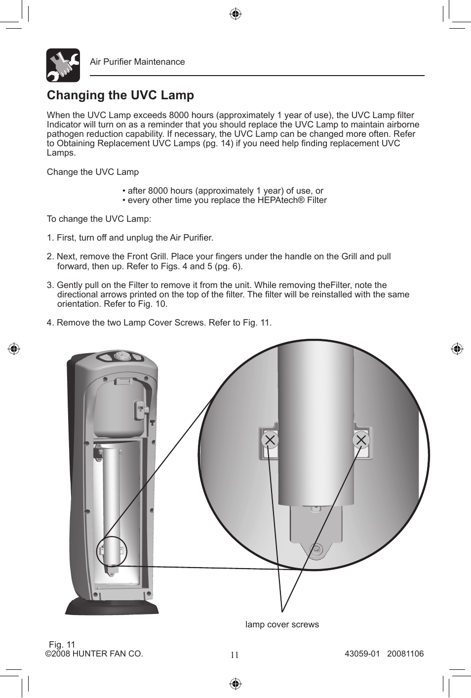 Changing the uvc lamp | Hunter Fan 30770 User Manual | Page 11 / 32