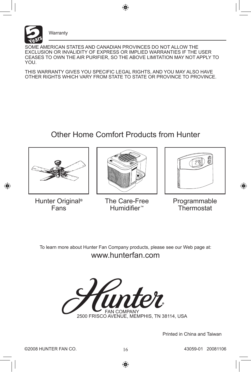 The care-free humidifier, Hunter original, Fans | Programmable thermostat | Hunter Fan 30770 User Manual | Page 16 / 32