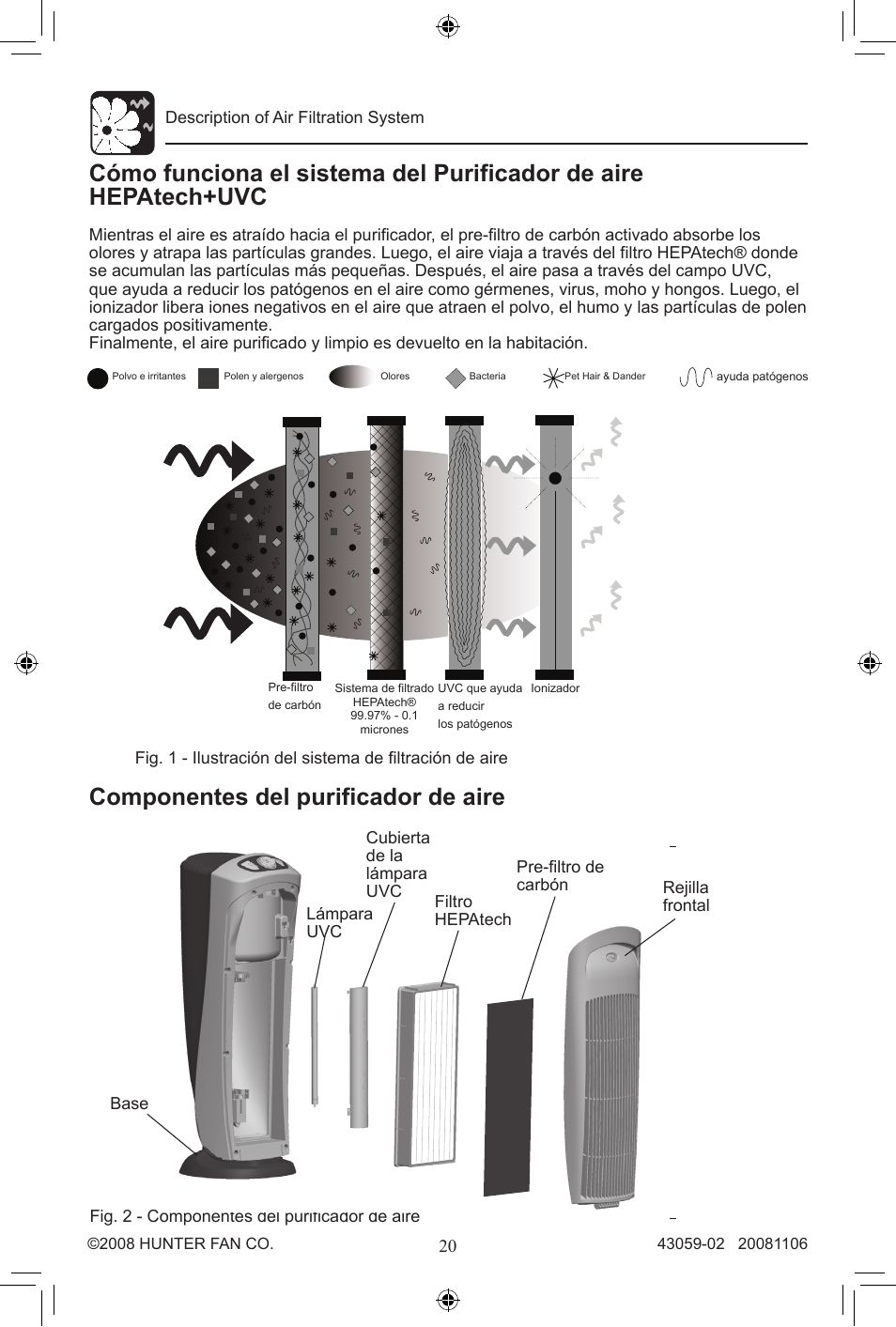 Componentes del purificador de aire | Hunter Fan 30770 User Manual | Page 20 / 32