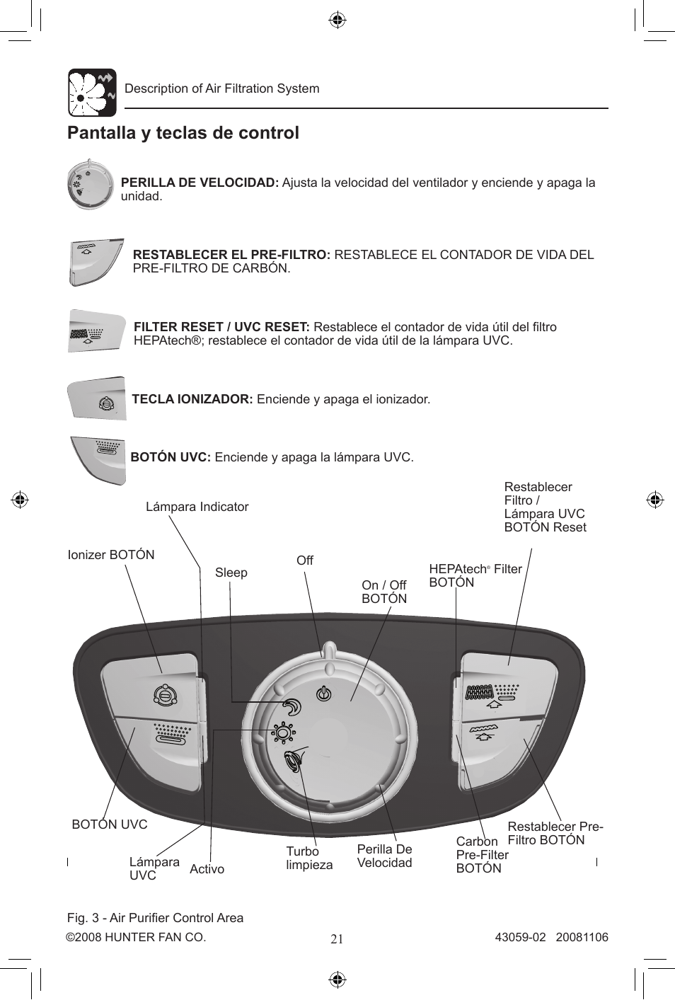 Pantalla y teclas de control | Hunter Fan 30770 User Manual | Page 21 / 32