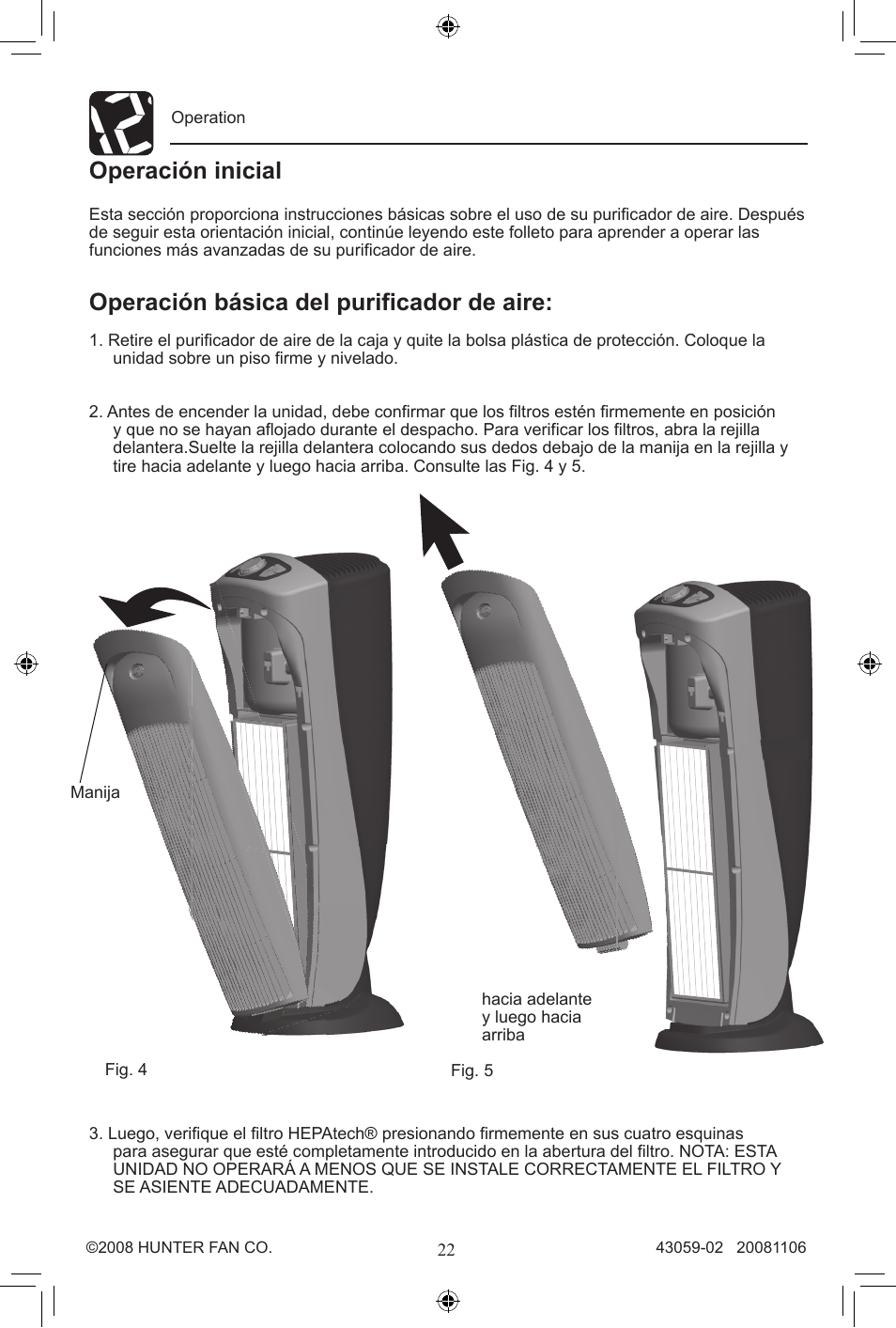 Operación inicial, Operación básica del purificador de aire | Hunter Fan 30770 User Manual | Page 22 / 32