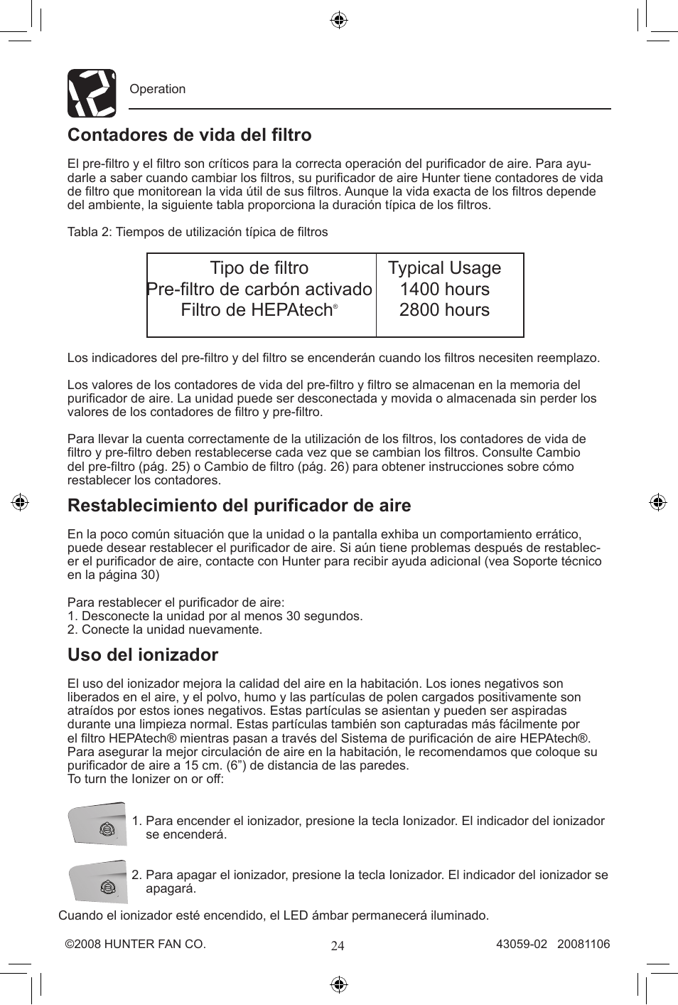 2800 hours contadores de vida del filtro, Restablecimiento del purificador de aire, Uso del ionizador | Hunter Fan 30770 User Manual | Page 24 / 32