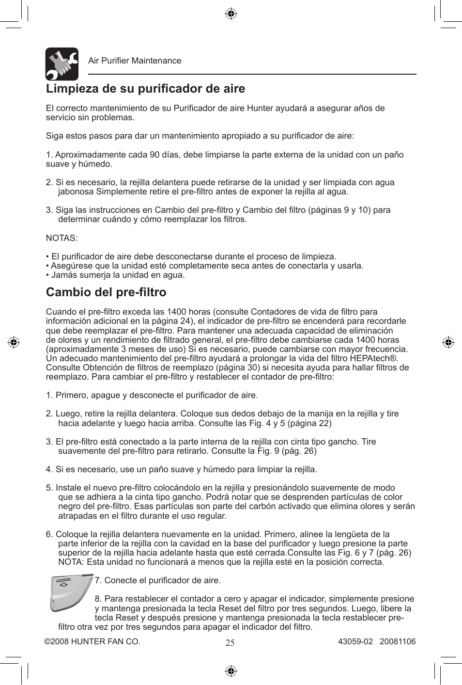 Limpieza de su purificador de aire, Cambio del pre-filtro | Hunter Fan 30770 User Manual | Page 25 / 32