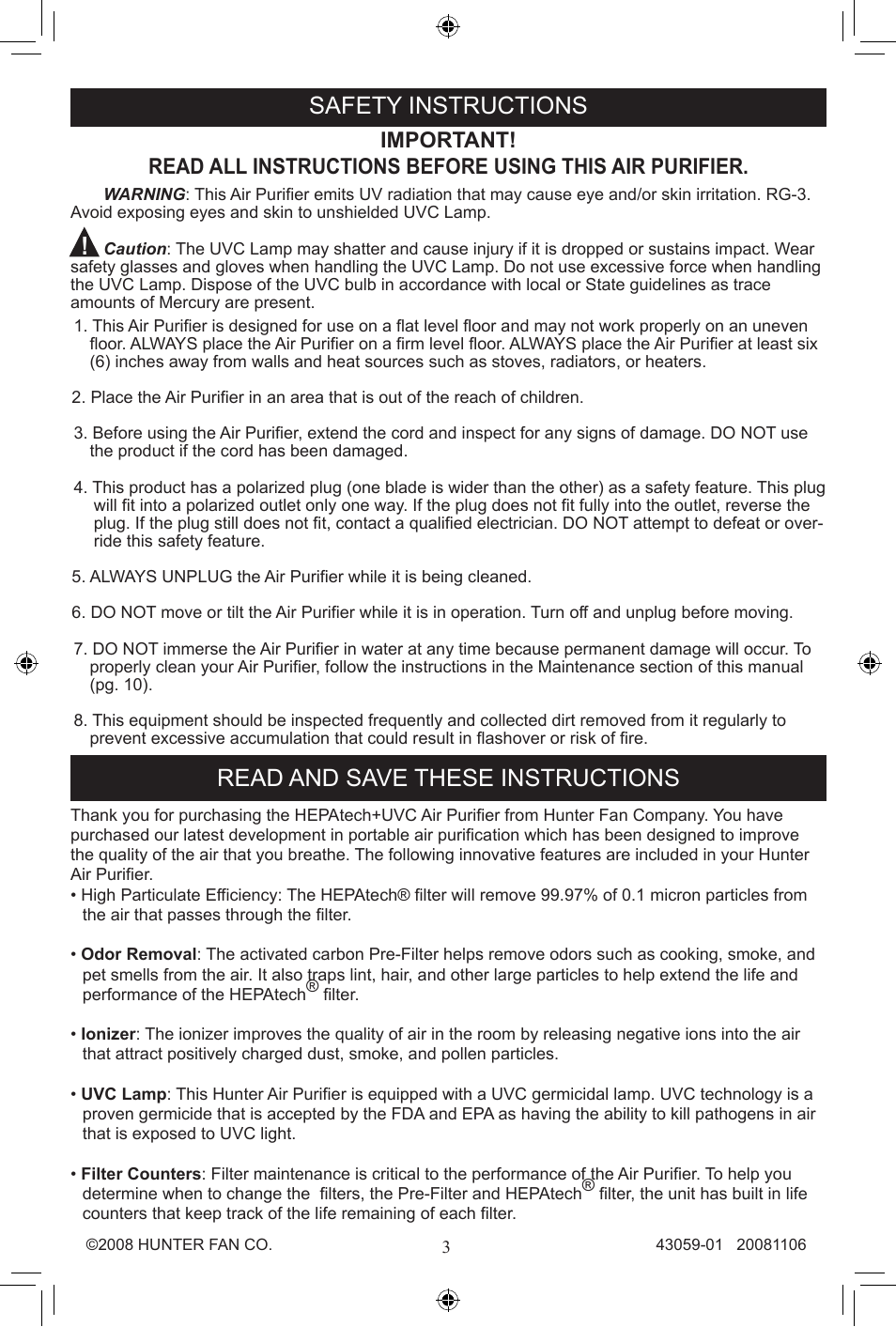 Safety instructions, Read and save these instructions | Hunter Fan 30770 User Manual | Page 3 / 32