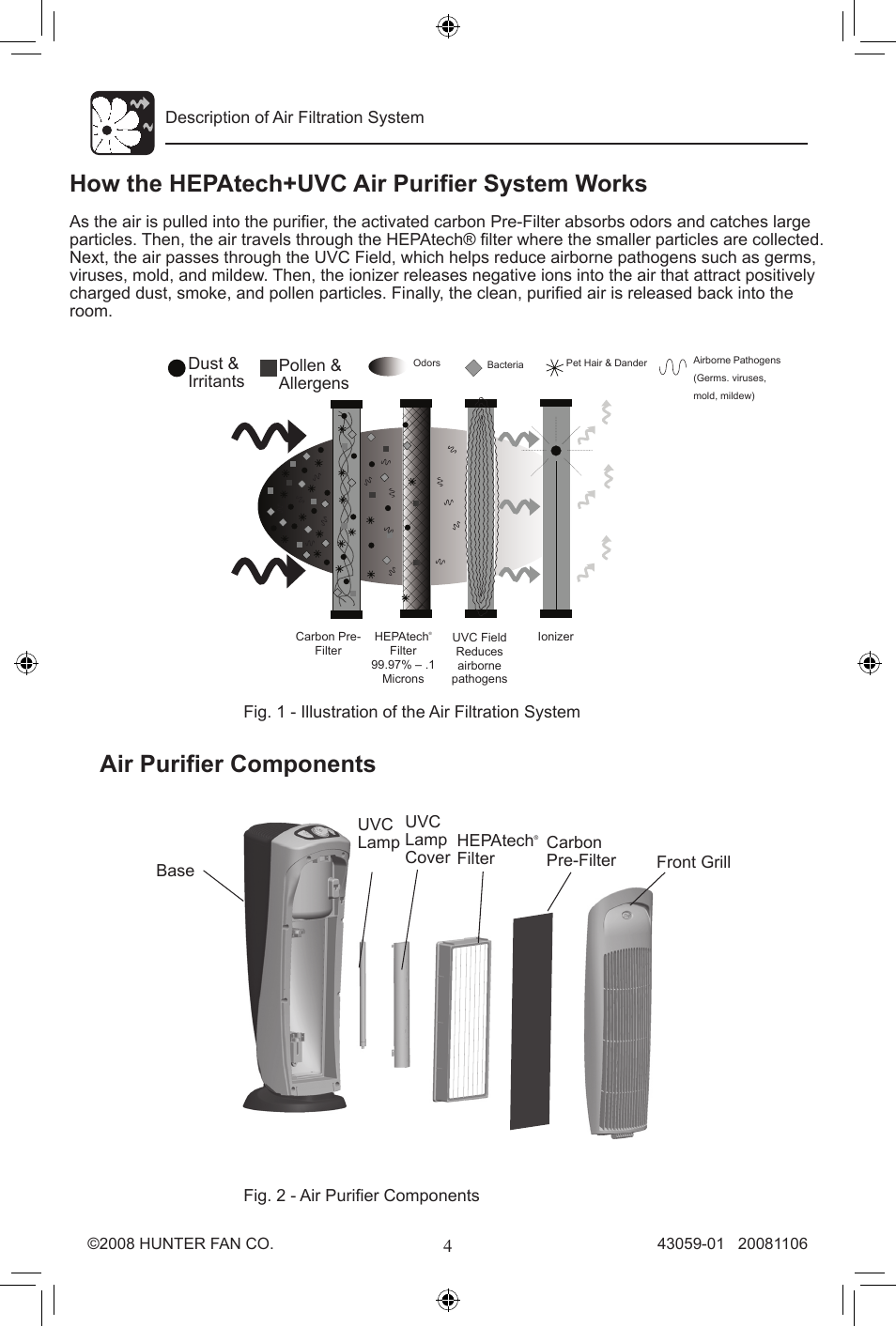 How the hepatech+uvc air purifier system works, Air purifier components | Hunter Fan 30770 User Manual | Page 4 / 32