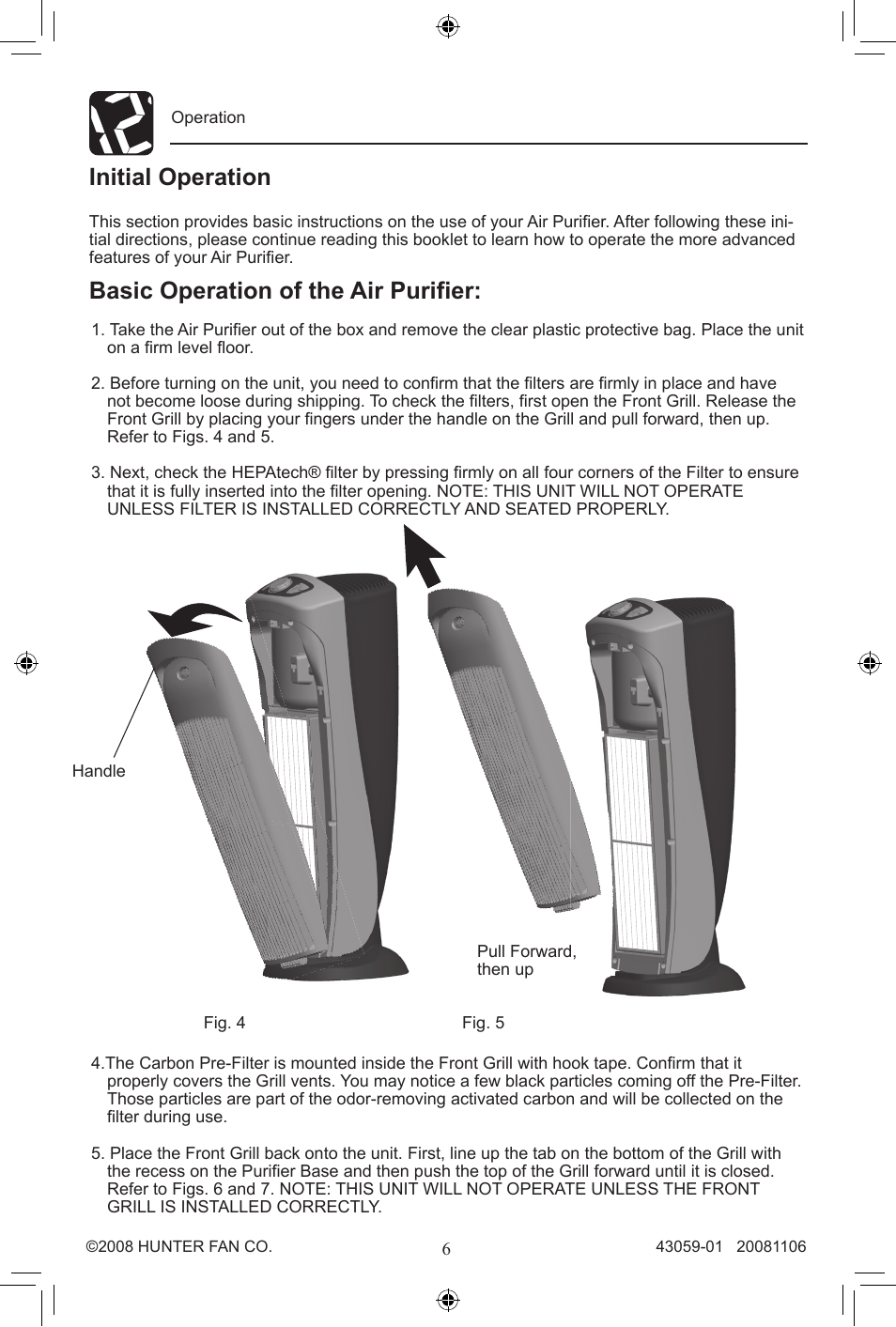 Initial operation, Basic operation of the air purifier | Hunter Fan 30770 User Manual | Page 6 / 32