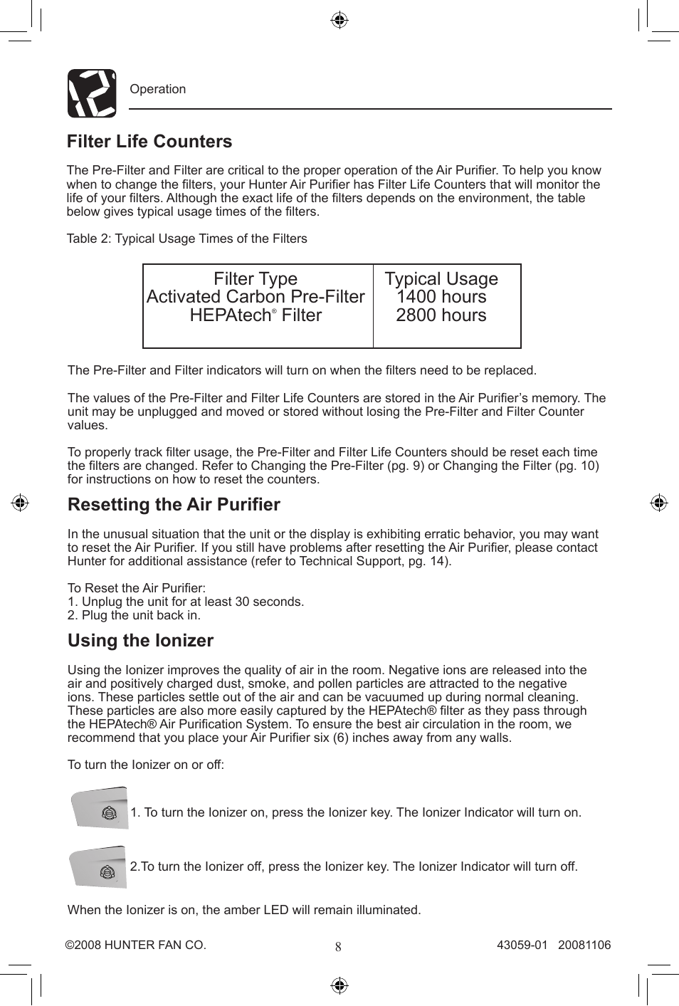 Filter 2800 hours filter life counters, Resetting the air purifier, Using the ionizer | Hunter Fan 30770 User Manual | Page 8 / 32