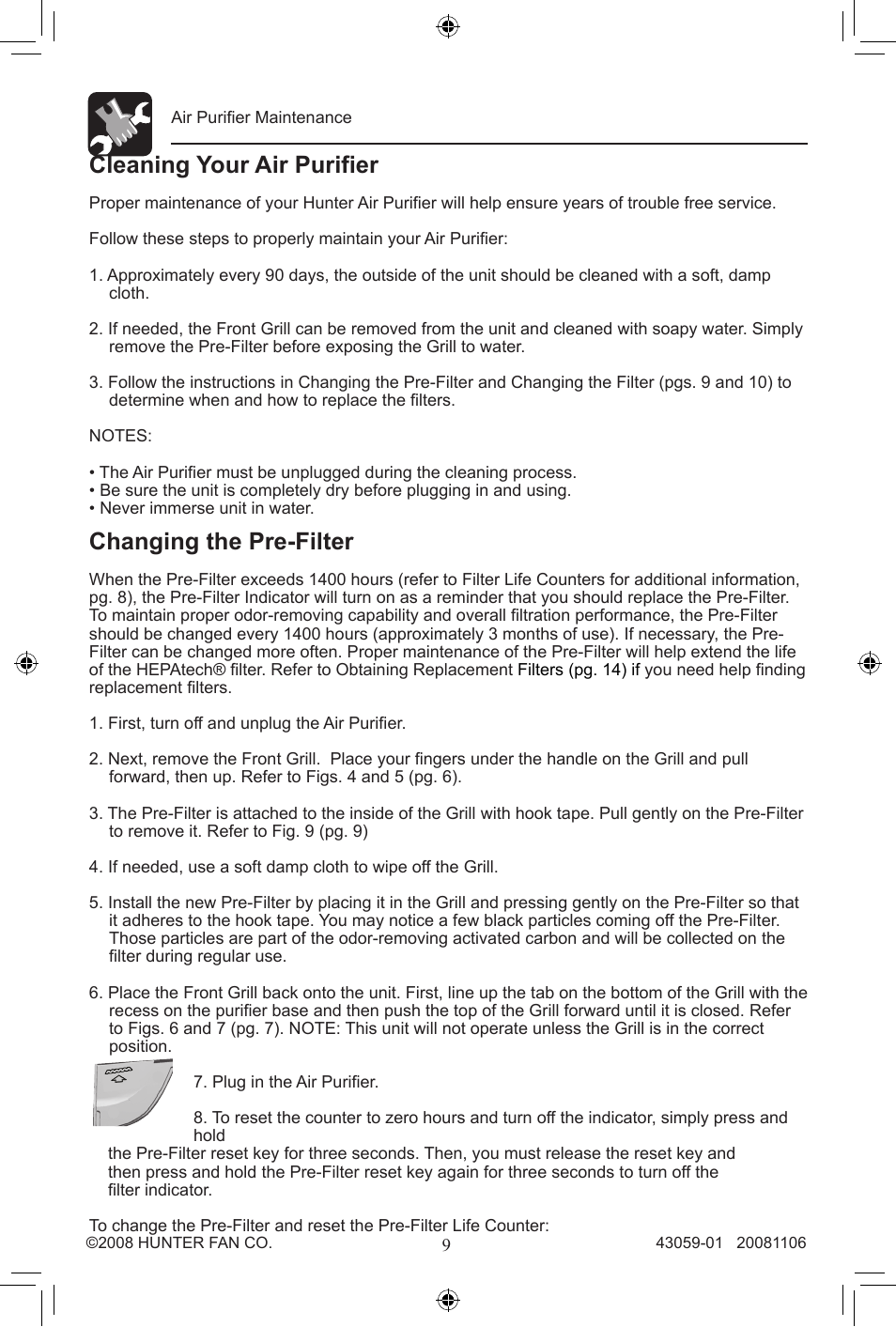 Cleaning your air purifier, Changing the pre-filter | Hunter Fan 30770 User Manual | Page 9 / 32