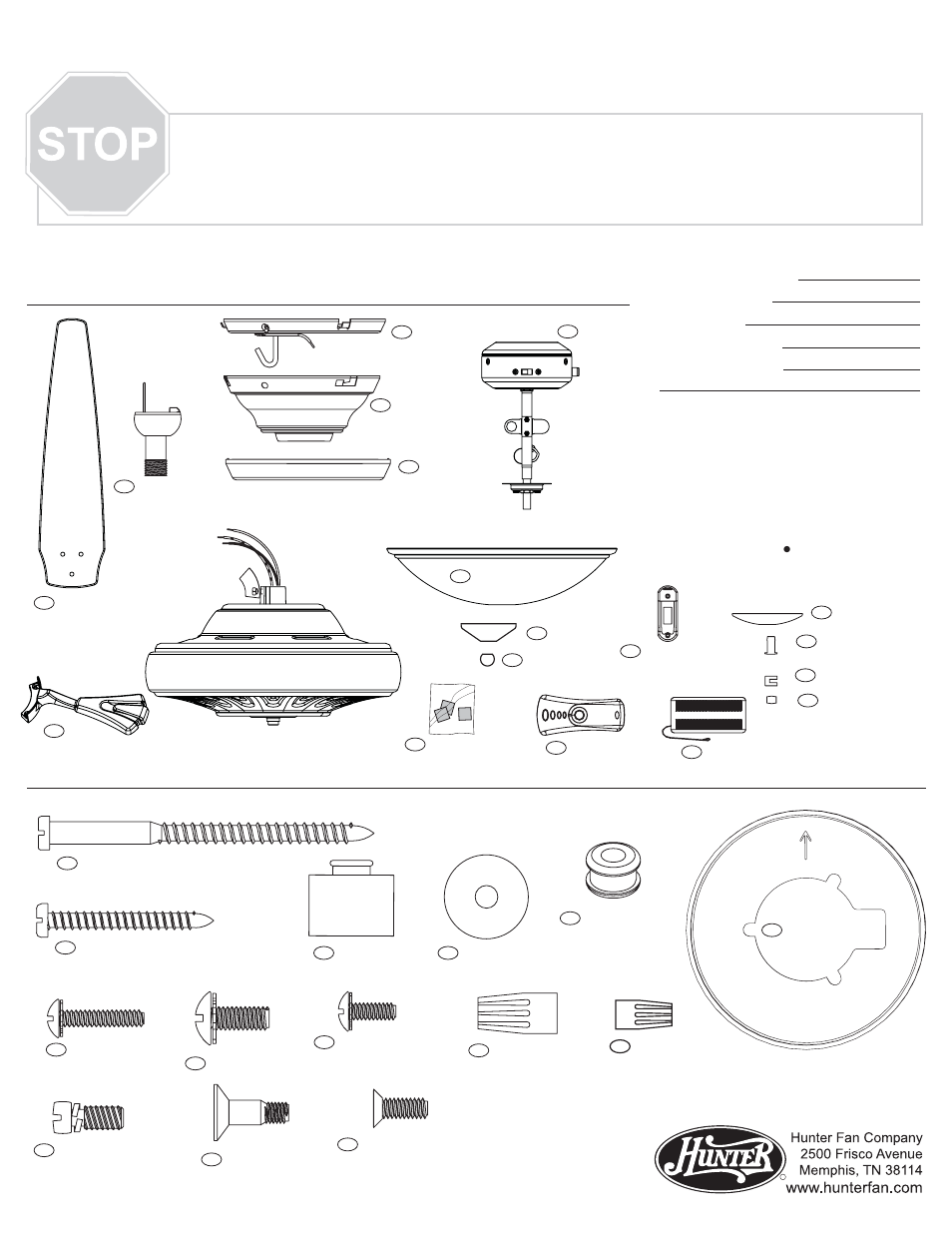 Parts guide, Guía de piezas, Materiales | Piezas del ventilador | Hunter Fan 23803 User Manual | Page 3 / 4