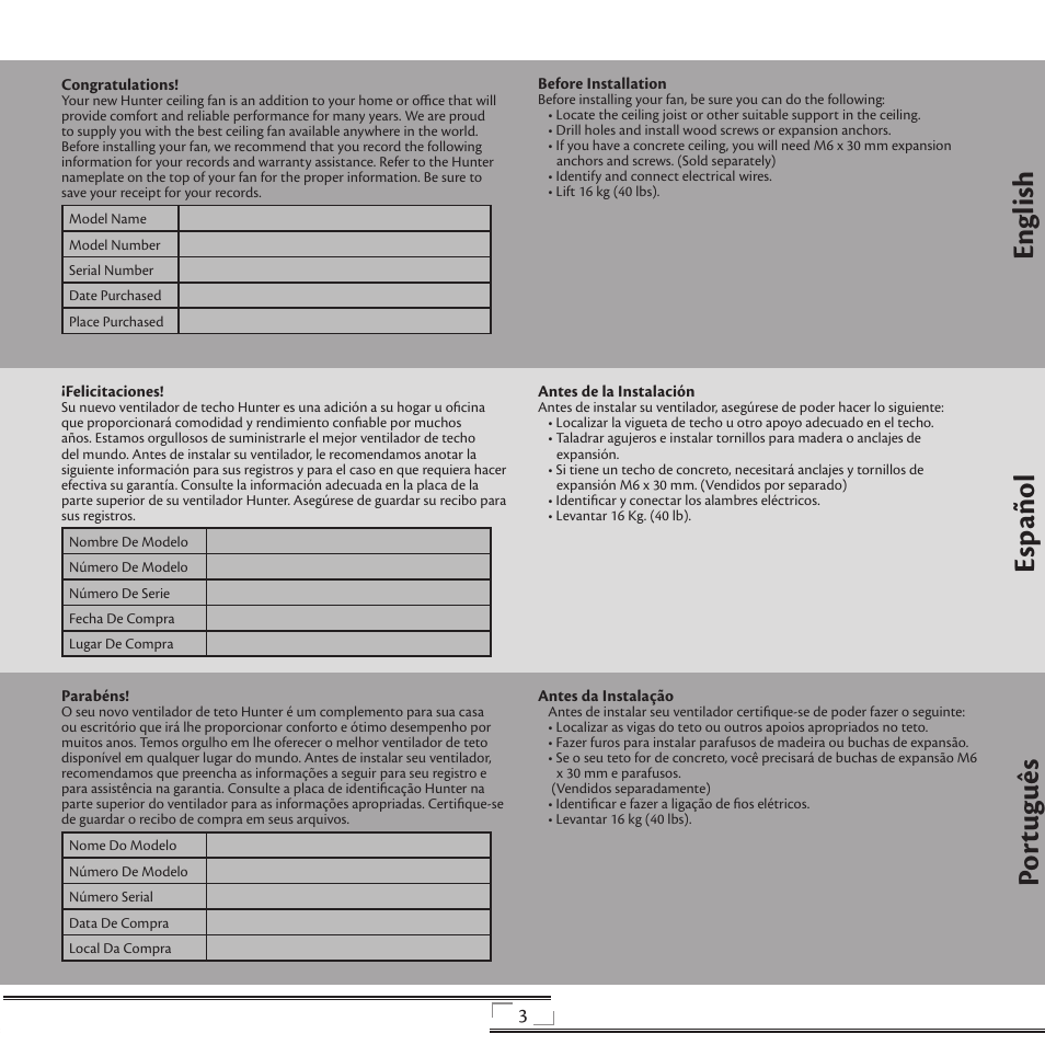 En gli sh esp año l po rt ug uê s | Hunter Fan 41736 User Manual | Page 3 / 32