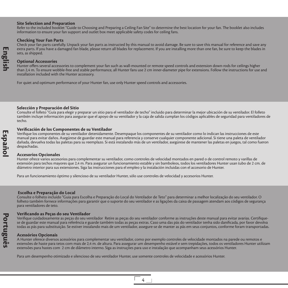 En gli sh esp año l po rtu gu ês | Hunter Fan 41736 User Manual | Page 4 / 32