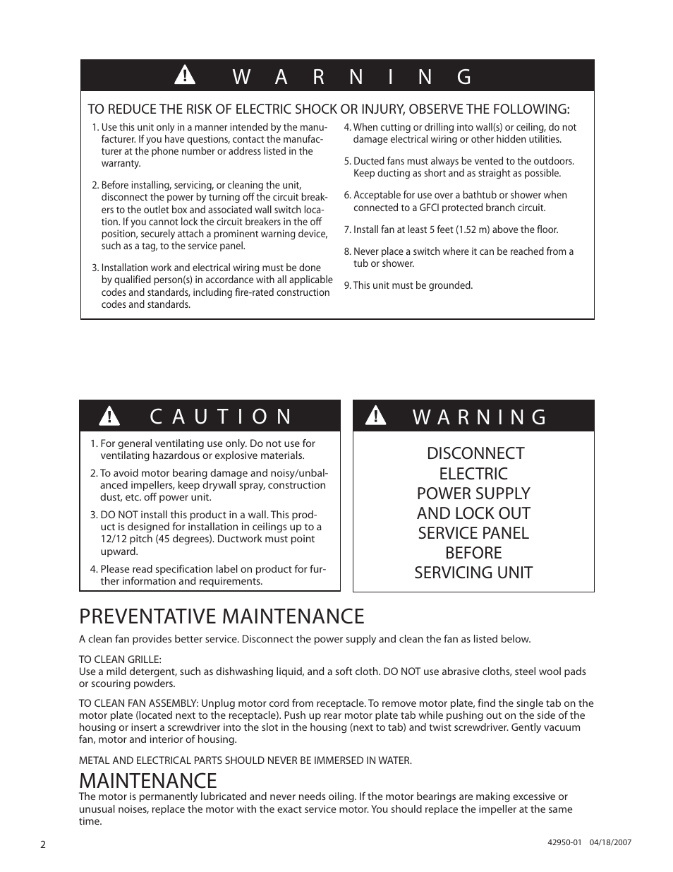 Preventative maintenance, Maintenance | Hunter Fan BELLE MEADE 82023 User Manual | Page 2 / 60