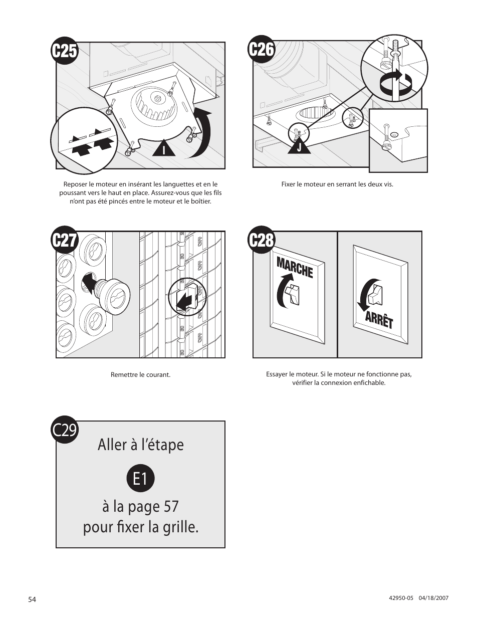 Aller à l’étape à la page 57 pour fixer la grille, Marche arrêt | Hunter Fan BELLE MEADE 82023 User Manual | Page 54 / 60