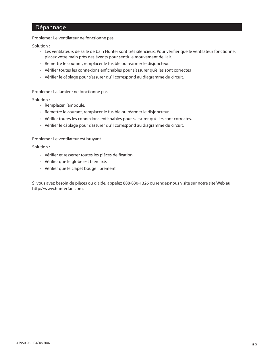 Dépannage | Hunter Fan BELLE MEADE 82023 User Manual | Page 59 / 60