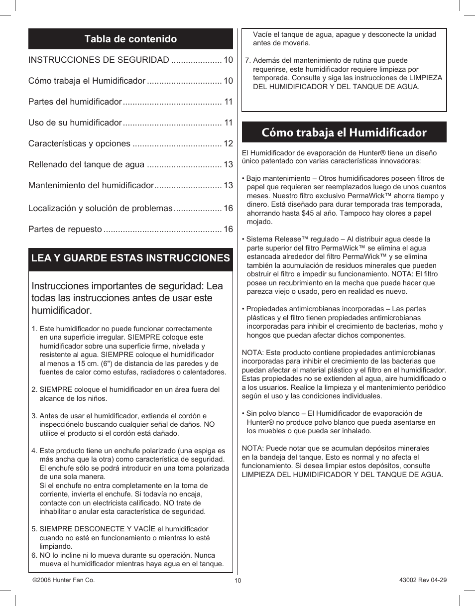 Cómo trabaja el humidificador | Hunter Fan Permawick 37407 User Manual | Page 10 / 25