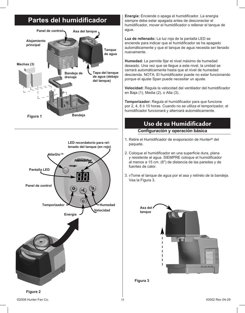 Partes del humidificador, Uso de su humidificador | Hunter Fan Permawick 37407 User Manual | Page 11 / 25