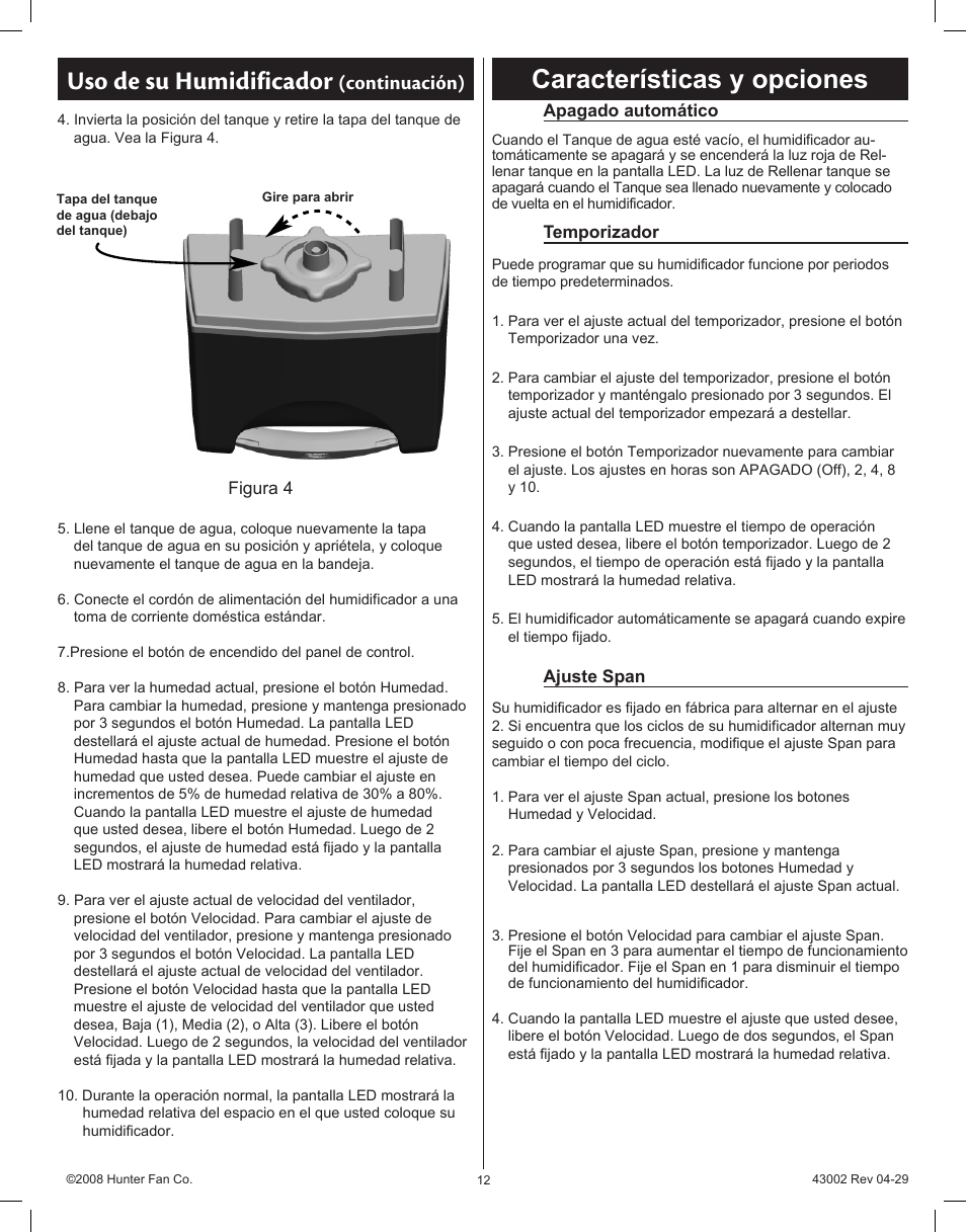 Uso de su humidificador, Características y opciones, Continuación) | Hunter Fan Permawick 37407 User Manual | Page 12 / 25