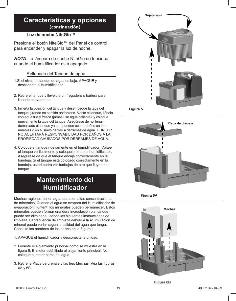 Características y opciones, Mantenimiento del humidificador, Continuación) | Hunter Fan Permawick 37407 User Manual | Page 13 / 25