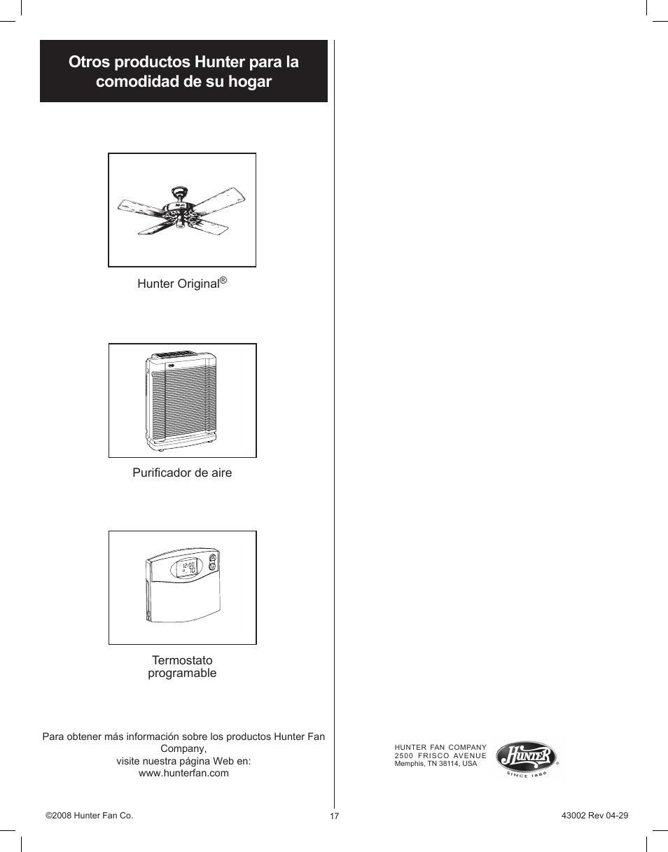 Hunter original, Purificador de aire termostato programable | Hunter Fan Permawick 37407 User Manual | Page 17 / 25