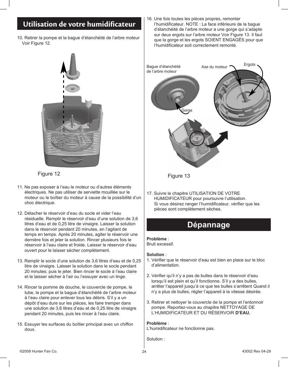 Utilisation de votre humidificateur, Dépannage | Hunter Fan Permawick 37407 User Manual | Page 24 / 25