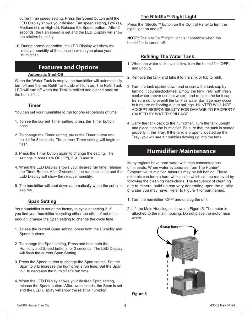 Features and options, Humidifier maintenance | Hunter Fan Permawick 37407 User Manual | Page 4 / 25