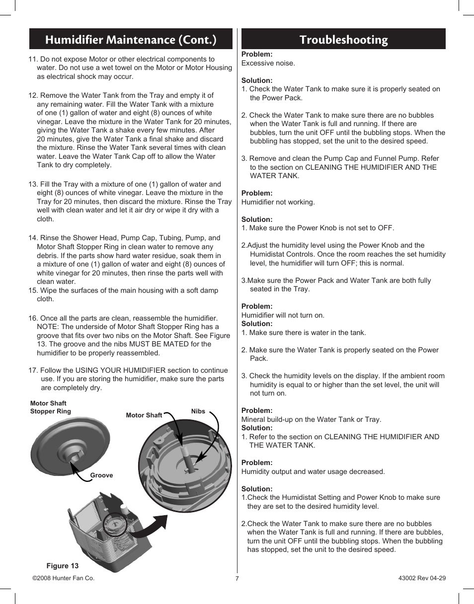 Humidifier maintenance (cont.) troubleshooting | Hunter Fan Permawick 37407 User Manual | Page 7 / 25