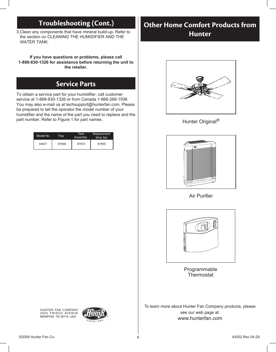 Troubleshooting (cont.) service parts, Other home comfort products from hunter, Air purifier programmable thermostat | Hunter Fan Permawick 37407 User Manual | Page 8 / 25