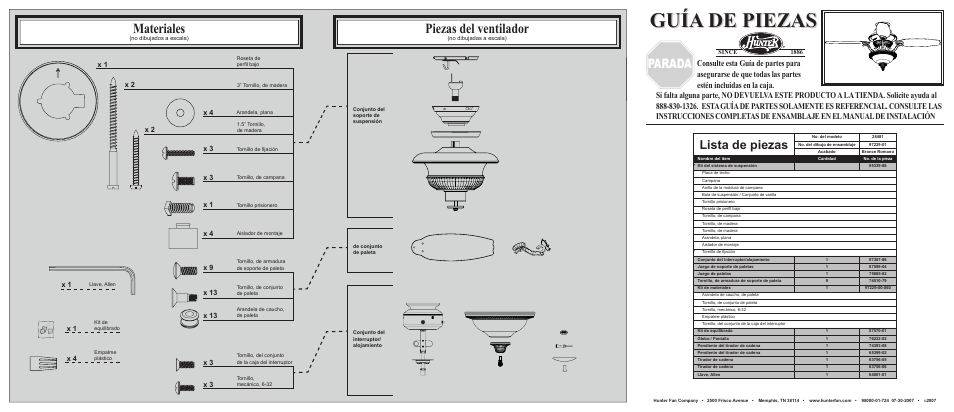 Guía de piezas, Materiales, Piezas del ventilador | Parada, Lista de piezas | Hunter Fan 28481 User Manual | Page 2 / 2