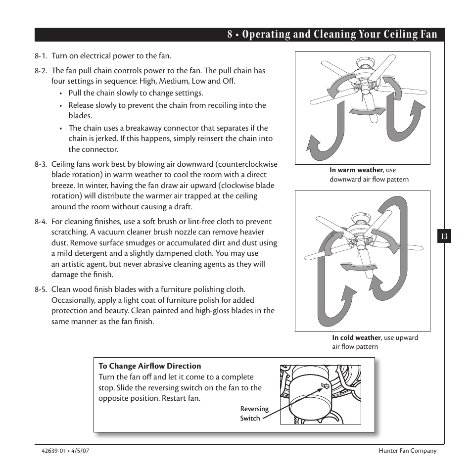 8 • operating and cleaning your ceiling fan | Hunter Fan 42639-01 User Manual | Page 13 / 14