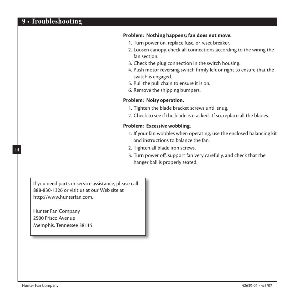 9 • troubleshooting | Hunter Fan 42639-01 User Manual | Page 14 / 14