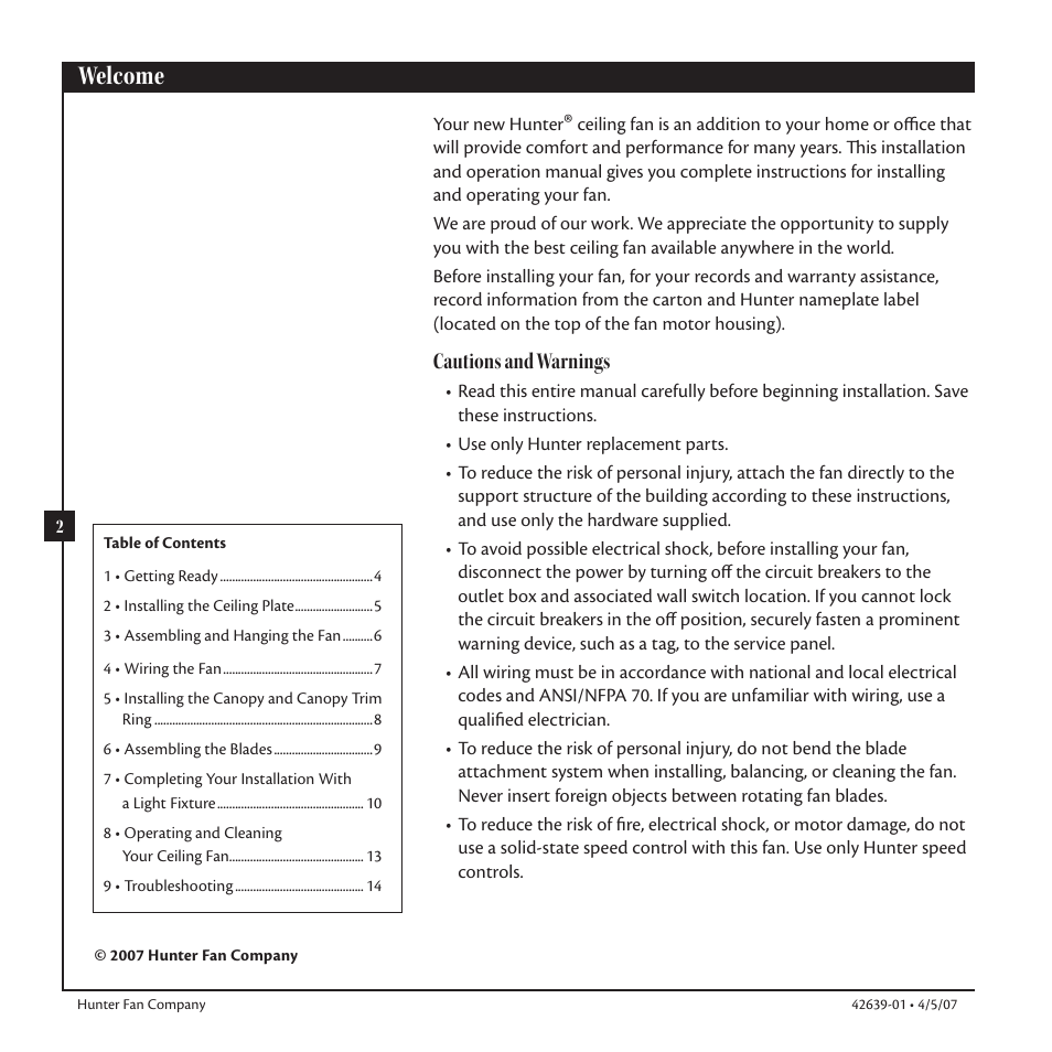 Welcome, Cautions and warnings | Hunter Fan 42639-01 User Manual | Page 2 / 14