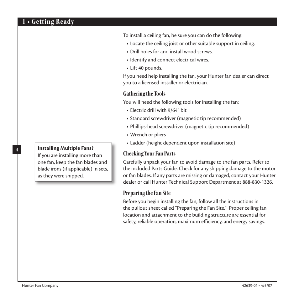 1 • getting ready | Hunter Fan 42639-01 User Manual | Page 4 / 14