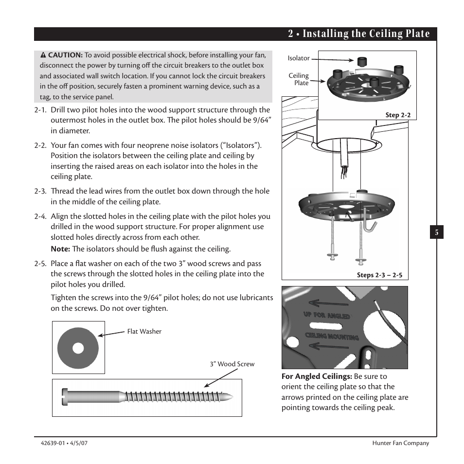 2 • installing the ceiling plate | Hunter Fan 42639-01 User Manual | Page 5 / 14