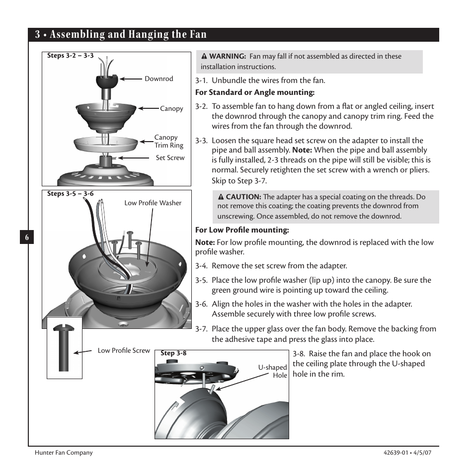 3 • assembling and hanging the fan | Hunter Fan 42639-01 User Manual | Page 6 / 14