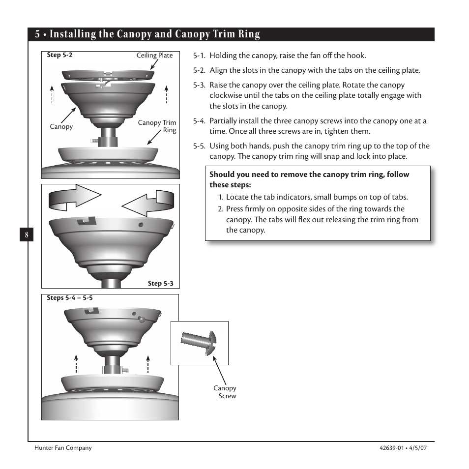 5 • installing the canopy and canopy trim ring | Hunter Fan 42639-01 User Manual | Page 8 / 14