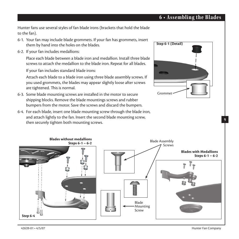 6 • assembling the blades | Hunter Fan 42639-01 User Manual | Page 9 / 14