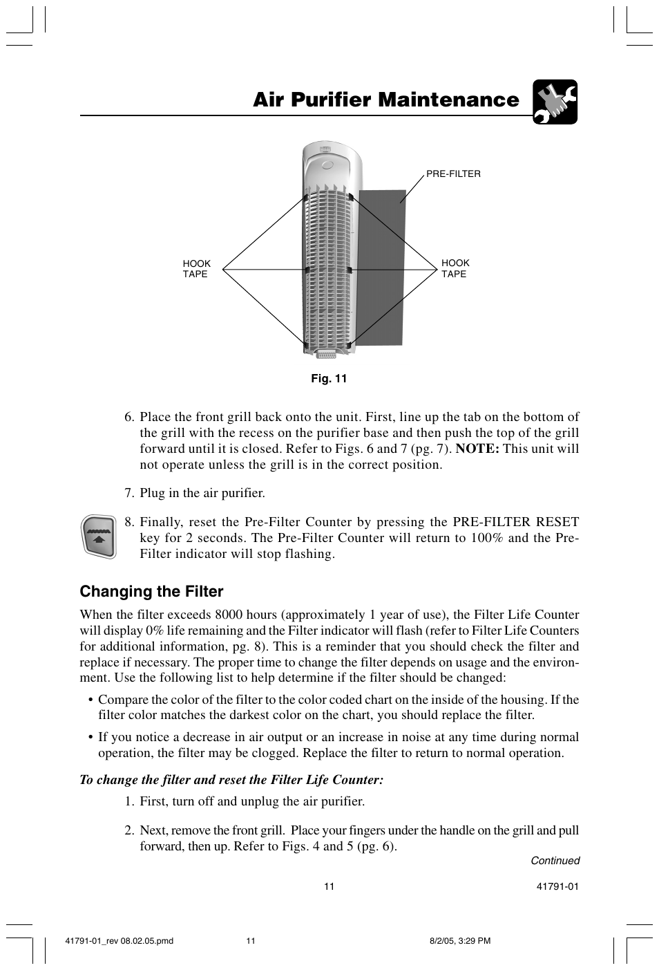 Air purifier maintenance, Changing the filter | Hunter Fan 30735 User Manual | Page 11 / 17