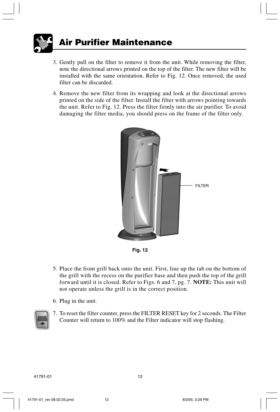 Air purifier maintenance | Hunter Fan 30735 User Manual | Page 12 / 17