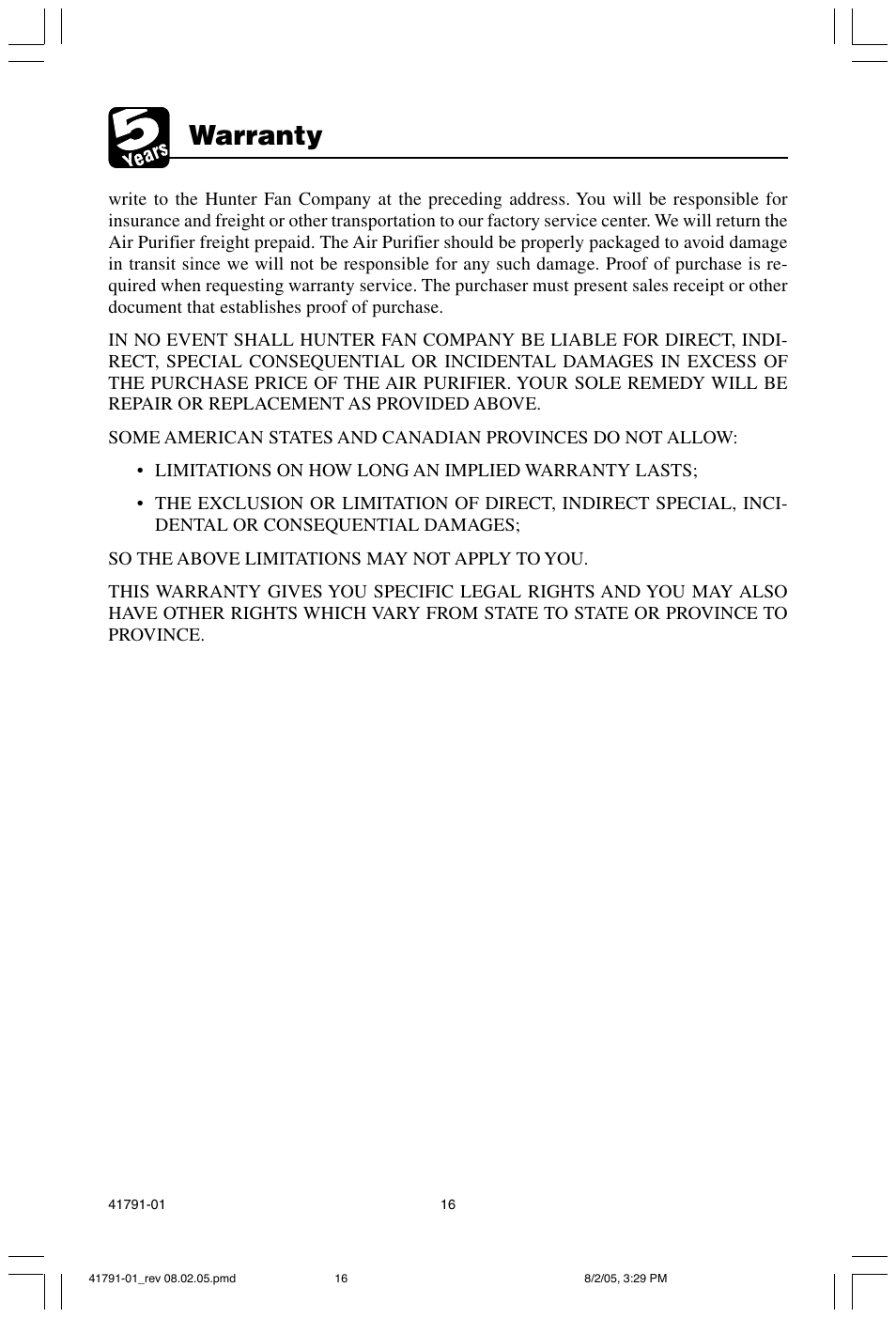 Warranty | Hunter Fan 30735 User Manual | Page 16 / 17