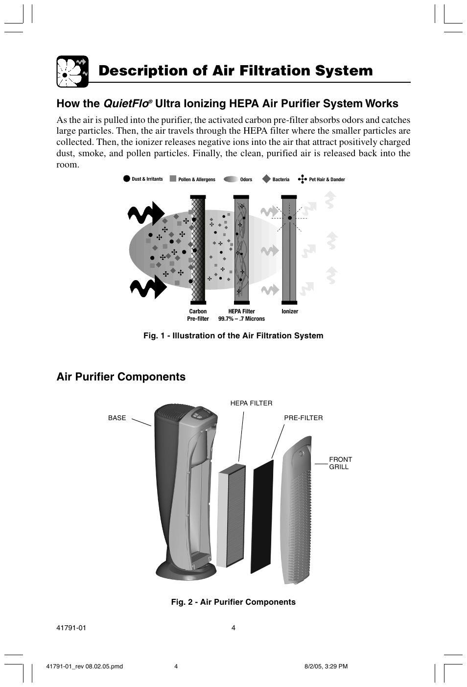 Description of air filtration system, Quietflo, Air purifier components | How the, Ultra ionizing hepa air purifier system works | Hunter Fan 30735 User Manual | Page 4 / 17