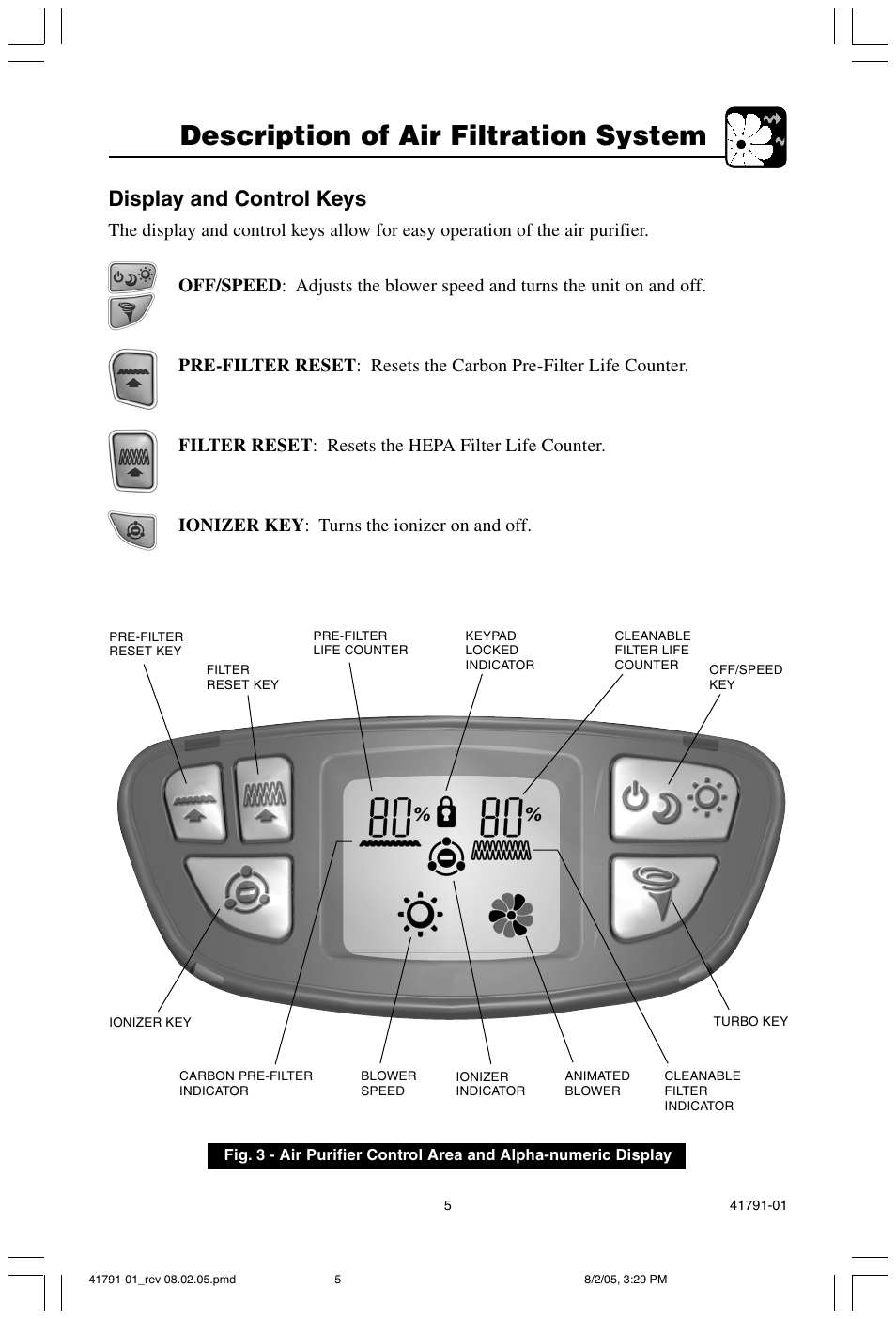 Description of air filtration system, Display and control keys | Hunter Fan 30735 User Manual | Page 5 / 17