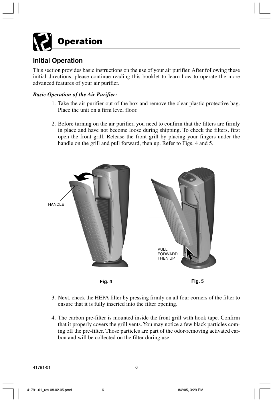 Operation, Initial operation | Hunter Fan 30735 User Manual | Page 6 / 17