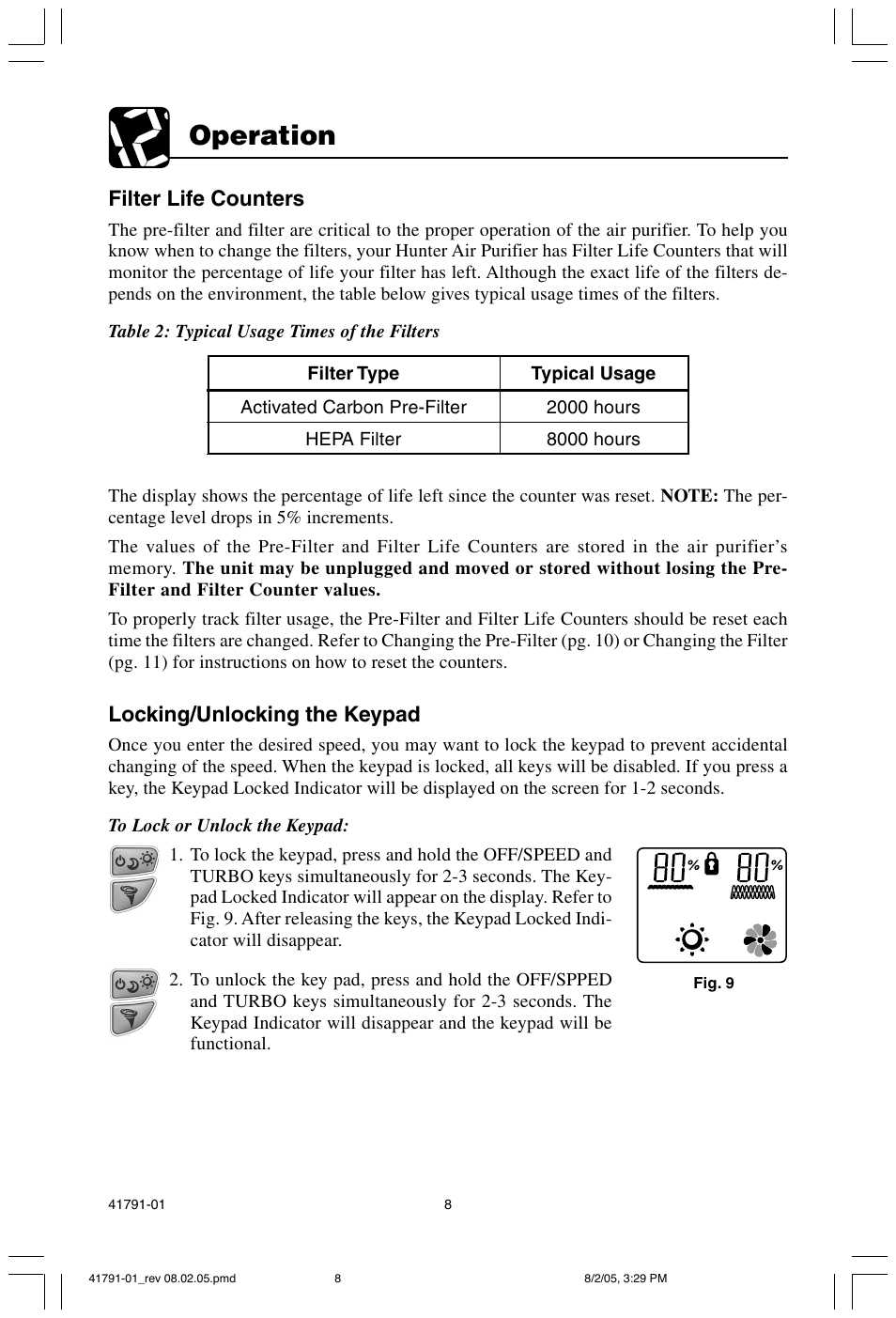 Operation, Filter life counters, Locking/unlocking the keypad | Hunter Fan 30735 User Manual | Page 8 / 17