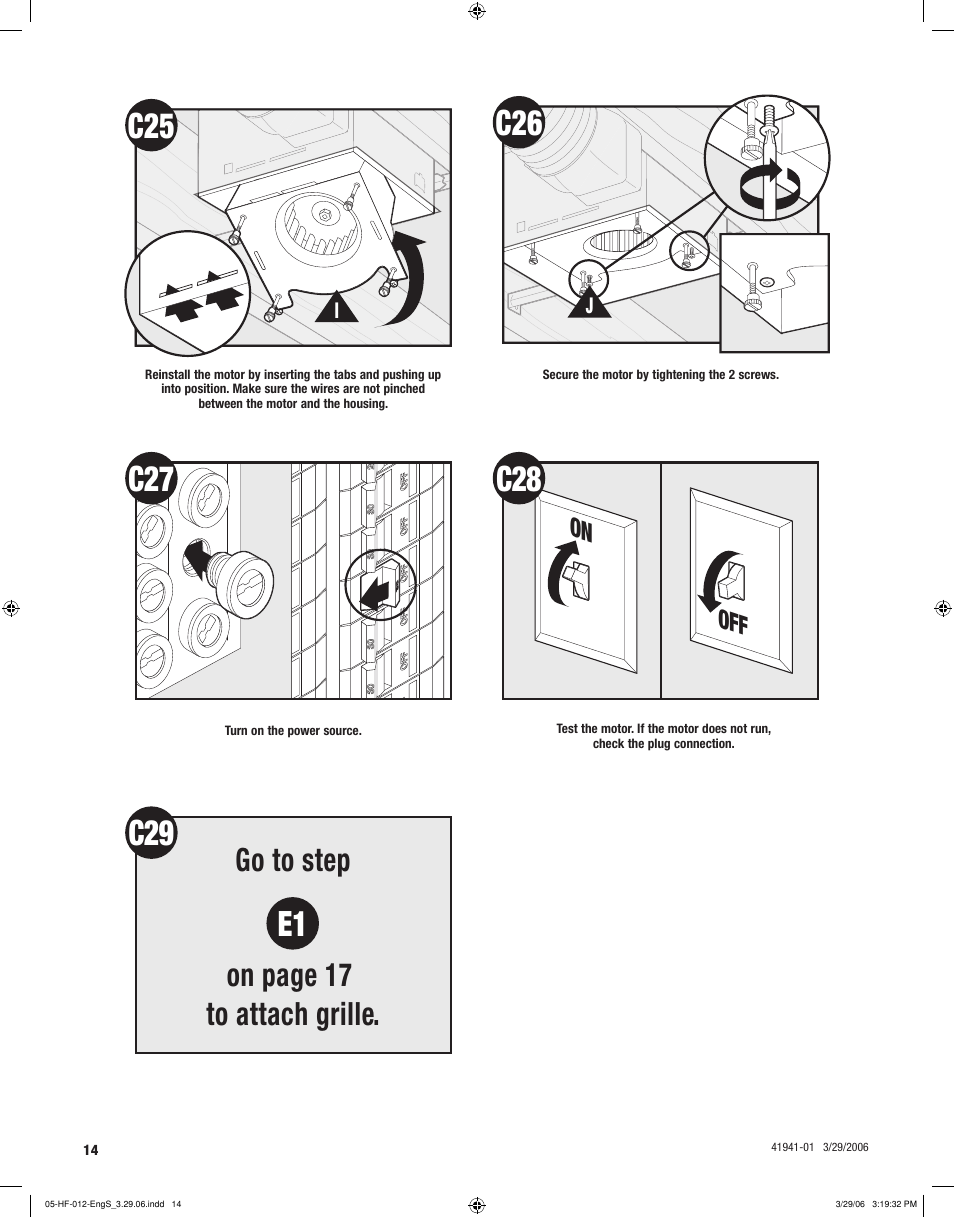 C29 e1, Go to step on page 17 to attach grille, On off | Hunter Fan WELLESLEY 82007 User Manual | Page 14 / 40