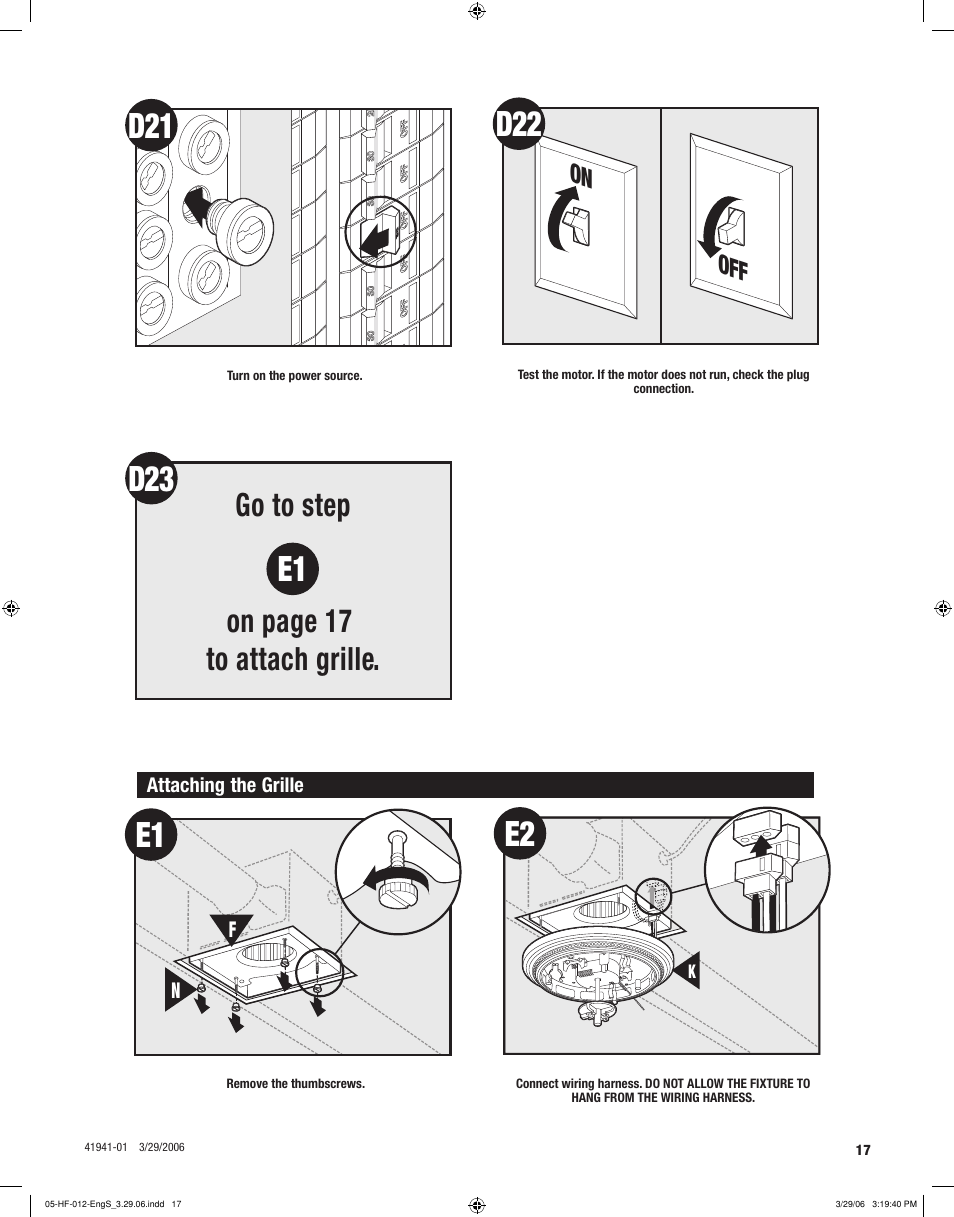Go to step on page 17 to attach grille, On off | Hunter Fan WELLESLEY 82007 User Manual | Page 17 / 40